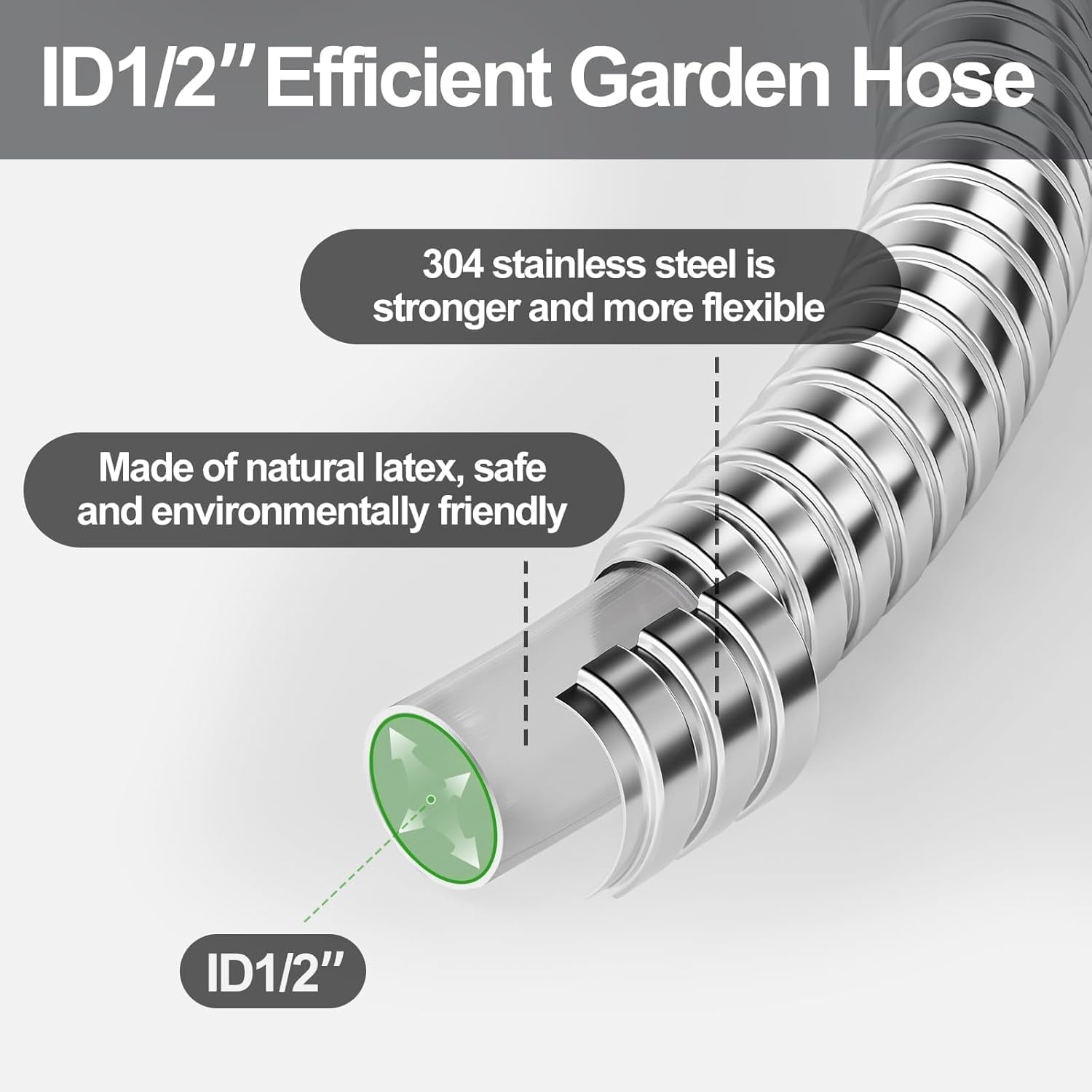 1/2" 304 Stainless Steel Garden Hose, 50FT Water Pipe with Heavy Duty Metal Nozzle for Yard, Outdoor, Lawn - Flexible, Never Kink & Tangle, Puncture Resistant
