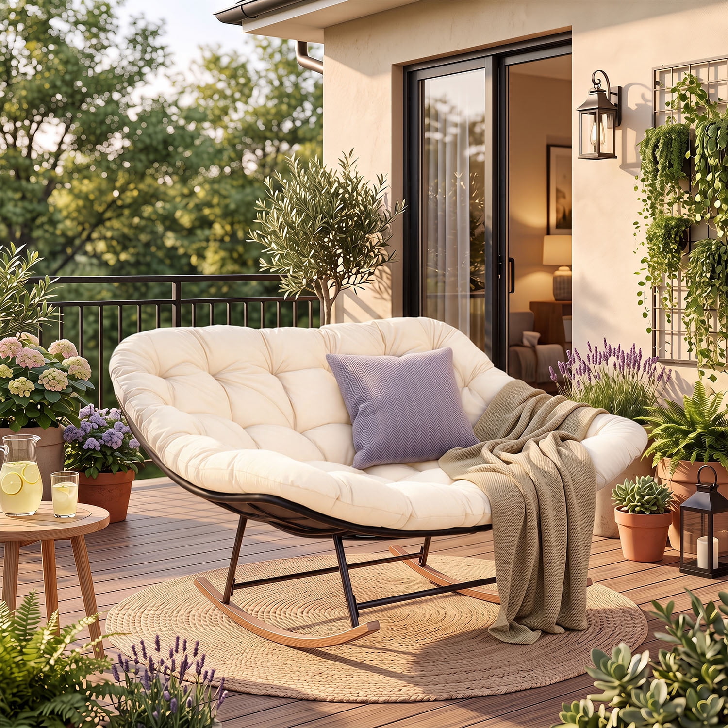 BaPiPro Oversized Double Papasan Rocking Chair with Thick Cushion, 2 Person Outdoor Rocking Loveseat, Heavy Duty Double Egg Chair with Wood Grain Base for Patio Porch, 440lbs Capacity, Off-White