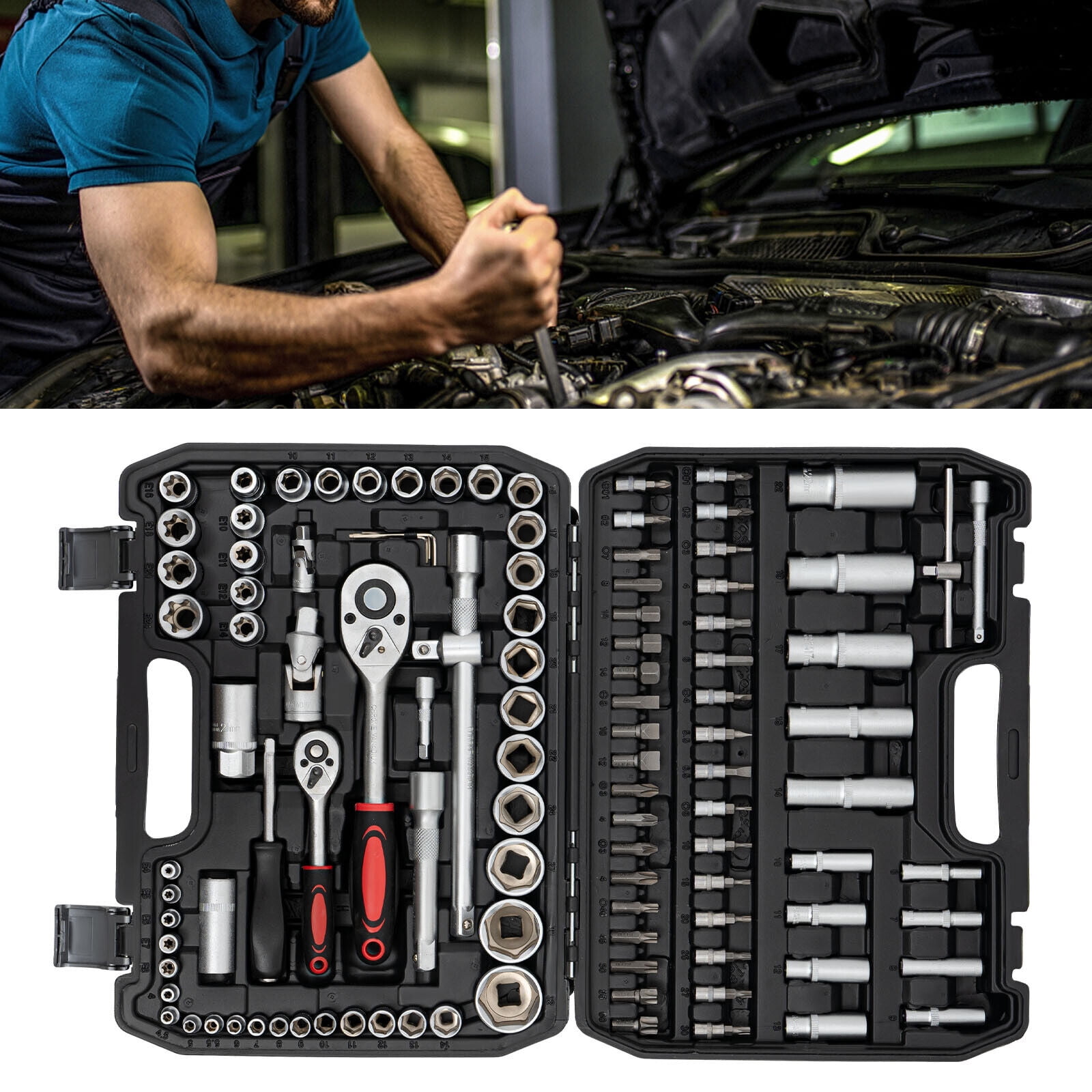 Ratchet Wrench 108Pcs Mechanical Tools Kit Metric 1/4 And 1/2 Drive Socket Set, Carbon Steel, #45 Steel, PP