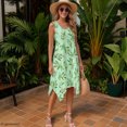 thumbnail image 5 of HELLHERO Leaf Floral Print Ladies Irregular Hem Casual Dress, Side Pockets Sleeveless Sundress with Round Neck Pleated for Holiday, 5 of 8