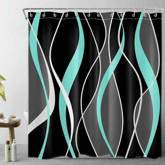 HVEST Modern Geometric Shower Curtain with Abstract Teal Black and Gray Line Design - Modern Minimalist Bathroom Decor, Waterproof Polyester Fabric, Includes 12 Hooks, 72x72 Inches