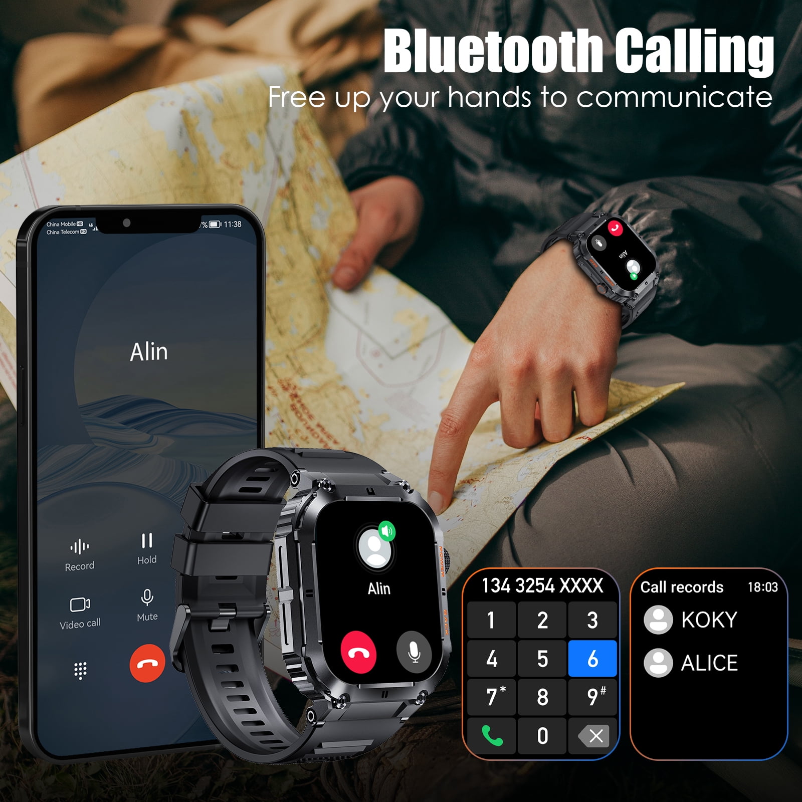 EIGIIS Smart Watch for Men 1.96" HD Big Screen Rugged Outdoor Waterproof Sports Watch Weather Step Counter Fitness Tracker Smartwatch for iOS Android Phones