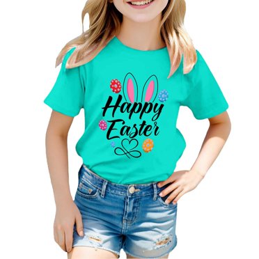 PMVFHDE T-Shirt Graphique de Pâques pour Filles / Manches Courtes Col Rond en Coton / Vacances & Usage Quotidien pour Tout-Petits à Préadolescents (Âges 3-13) Menthe Grecque, 3-4 Ans