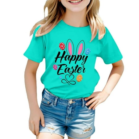 Ruiwill Easter Girls Tops Size 8-9 Years Bunny Letter Print Short Sleeve Crew Neck Summer Casual Girls Tees Mint Green