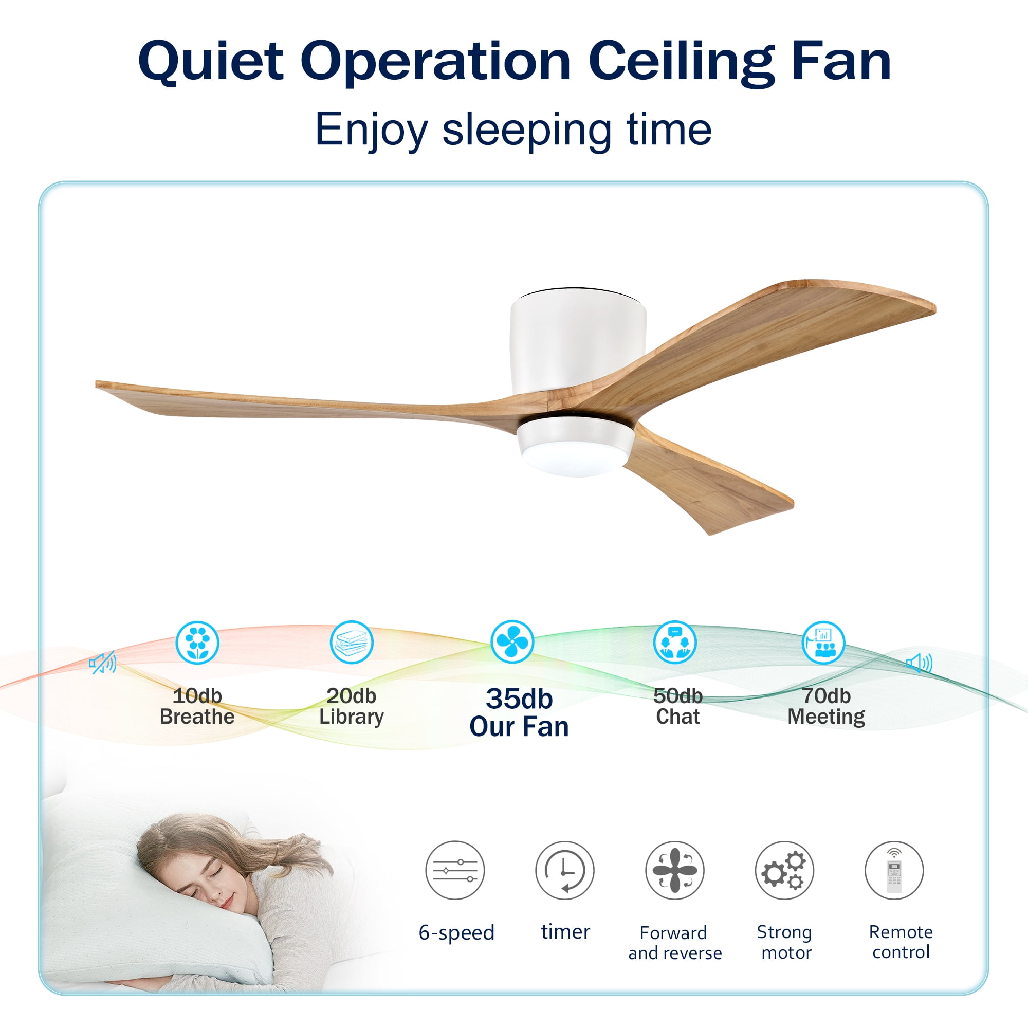 Leumius 52" Flush Mount Solid Wood Blades Ceiling Fan with Light and Remote Control,Quiet DC Motor 6 Speed Levels,Reversible for Patio Living Room Bedroom Office White+Natural