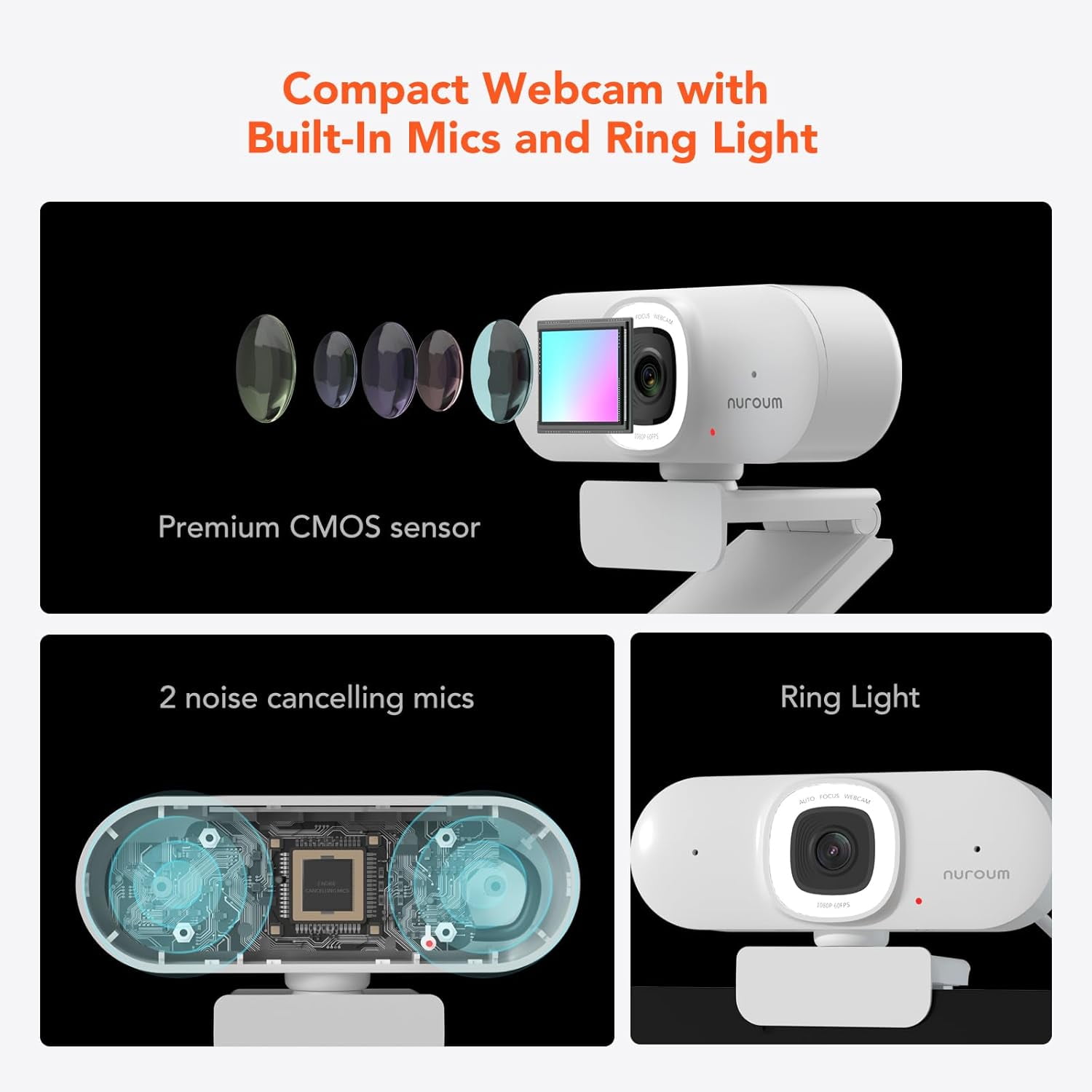 Nuroum V15-AFL 2K Webcam for Streaming, 1080p 60FPS AutoFocus Web Camera with Adjustable Fill Light and Privacy Cover, 75°FOV Dual Microphone USB FHD Computer Camera, Plug and Play