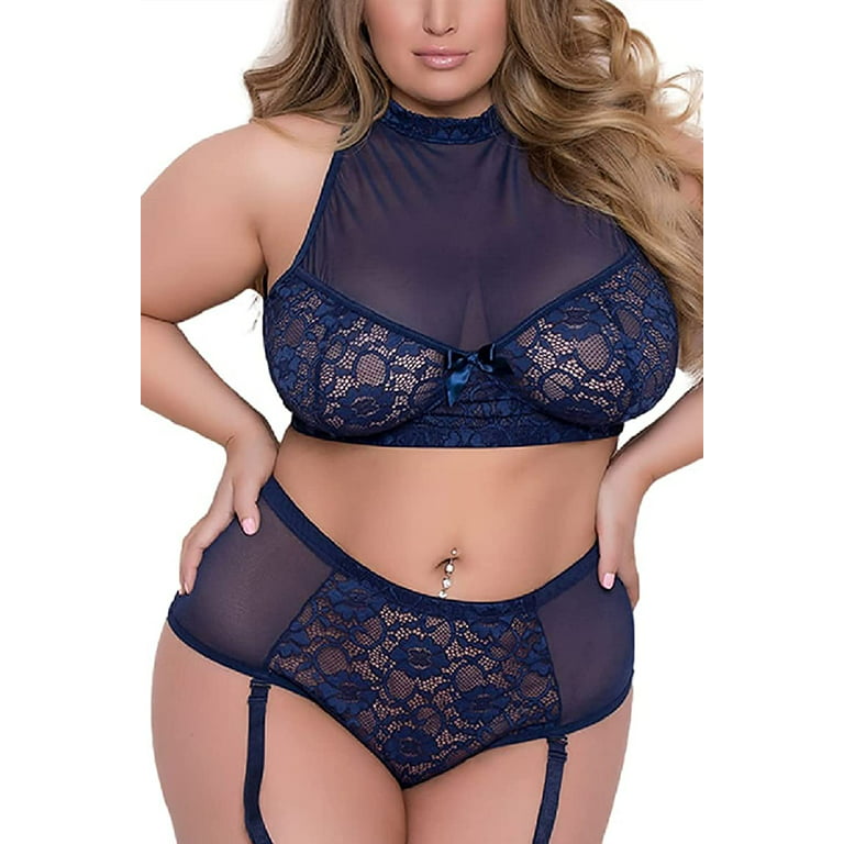 Plus Size Lingerie Set for Women Sexy See Thru Halter Lace Bra