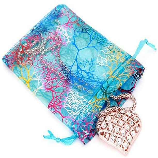Xiao Hua 50 bolsas de regalo de organza de 5,11 x 7,08 pulgadas, estilo coralino azul, para juguetes, dulces, chocolates, fiestas, Navidad, bodas, regalos.
