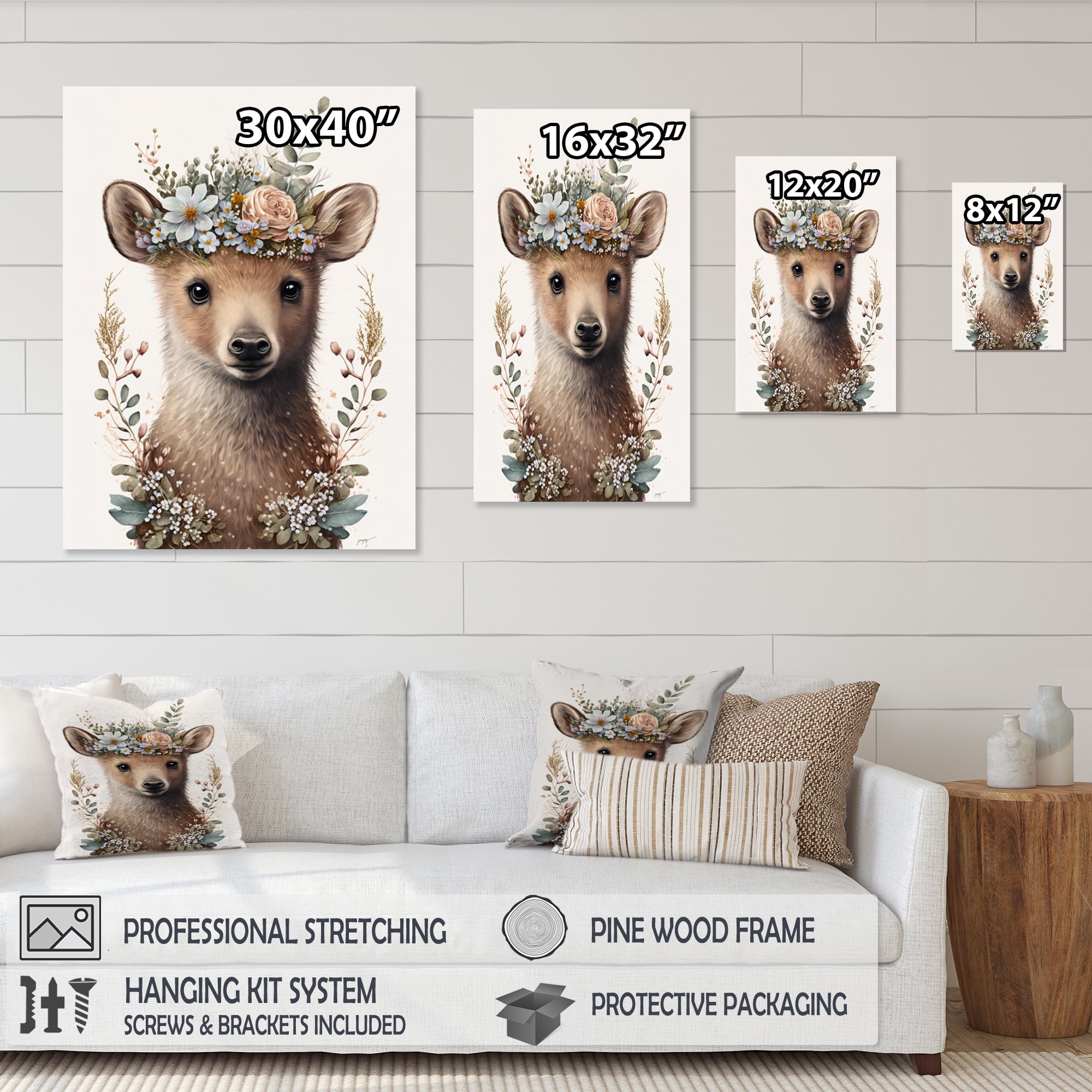 Designart Cute Baby Bear With Floral Crown II Canvas Wall Art