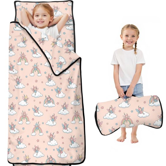 Princess and Fairy Pink Pattern Teens Toddler Nap Mat with Pillow, Sleeping Mat Bag for Preschool Daycare 59"x22"