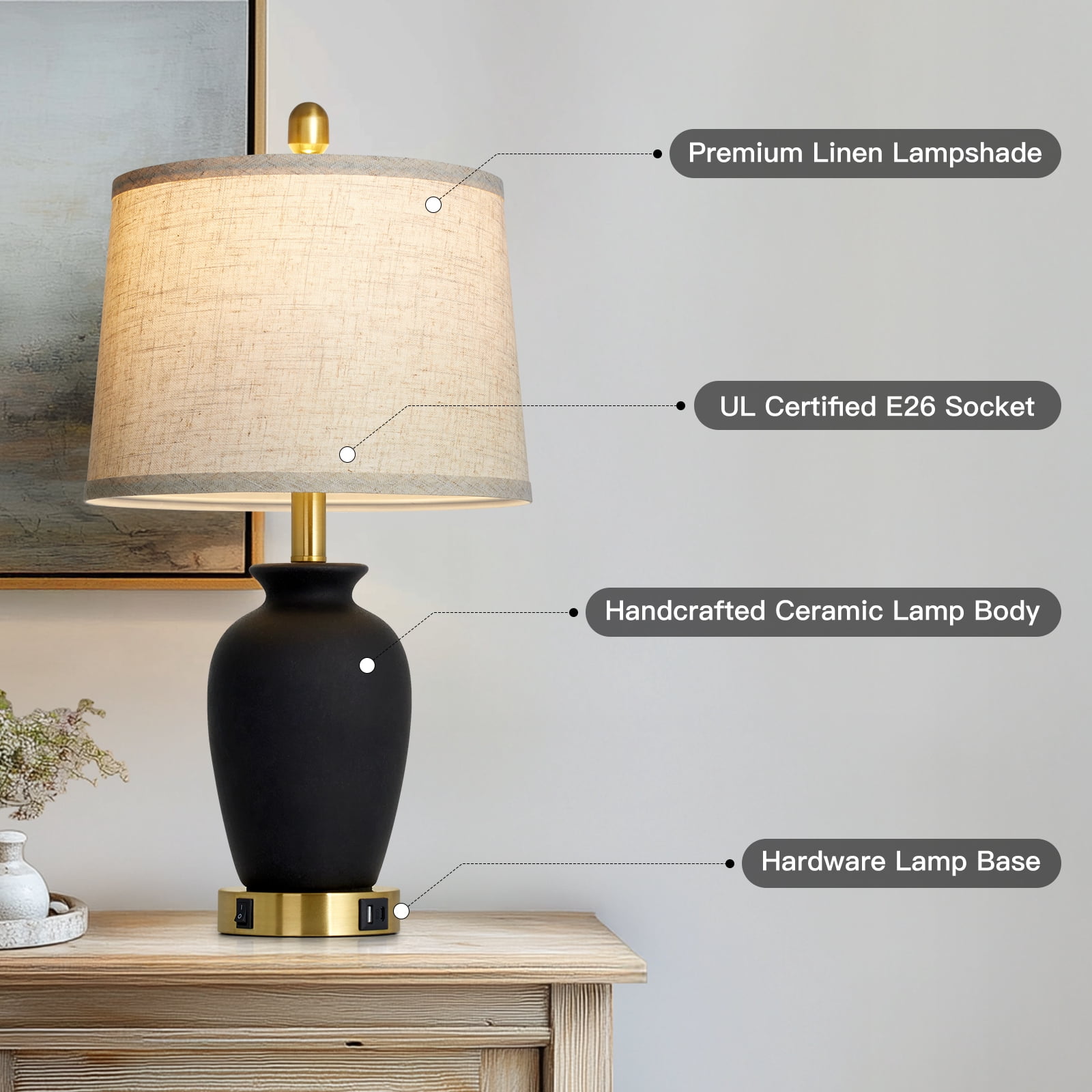 Lolikit Retro Black Ceramic Jar Table Lamps Set of 2 for Bedroom Living Room 23" Farmhouse Nightstand Bedside Lamp with USB A+C Ports
