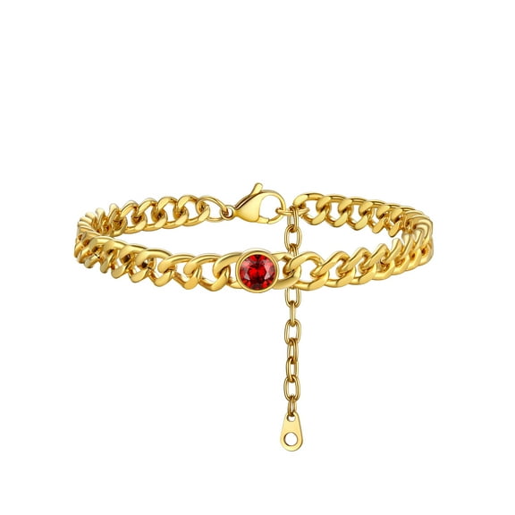 FOCALOOK January Birthstone Anklet for Women Cuban Link Ankle Bracelet Gold Plated Dainty Foot Chain Simulated Garnet Gemstone Jewelry Birthday Gifts