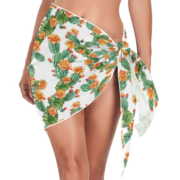 Beach Mini Dress Watercolor Cactus with Flowers Swimsuit Coverup for Women Swimwear Cover Ups Short Triangle Beach Skirt L
