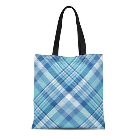 ASHLEIGH Canvas Tote Bag Tartan Plaid Pattern Checkered in Shades of Blue White Reusable Shoulder Grocery Shopping Bags