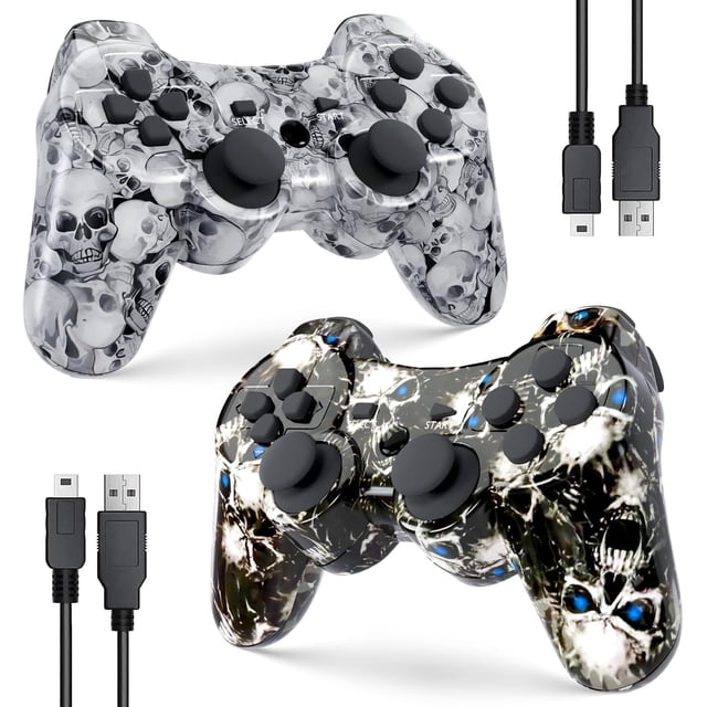 Zeion Control inalámbrico PS3, mando a distancia para juegos para Playstation 3 con cable de carga (fantasma negro, calavera blanca)