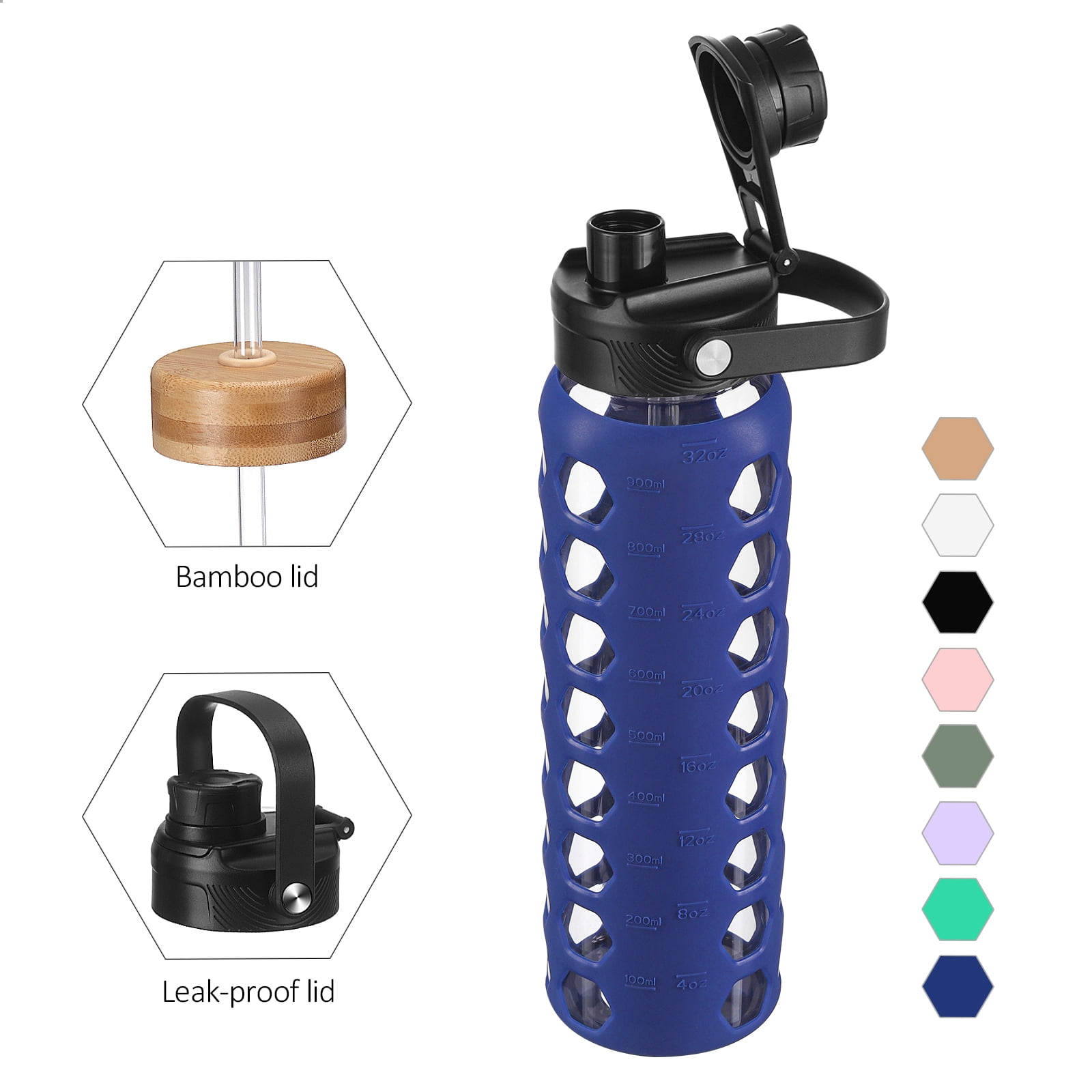 MUKOKO 32oz Glass Water Bottles, Motivational Water Tumbler with 2 Lids-Handle Spout Lid&Bamboo Straw Lid, Time Marker Reminder and Silicone Sleeve, Blue
