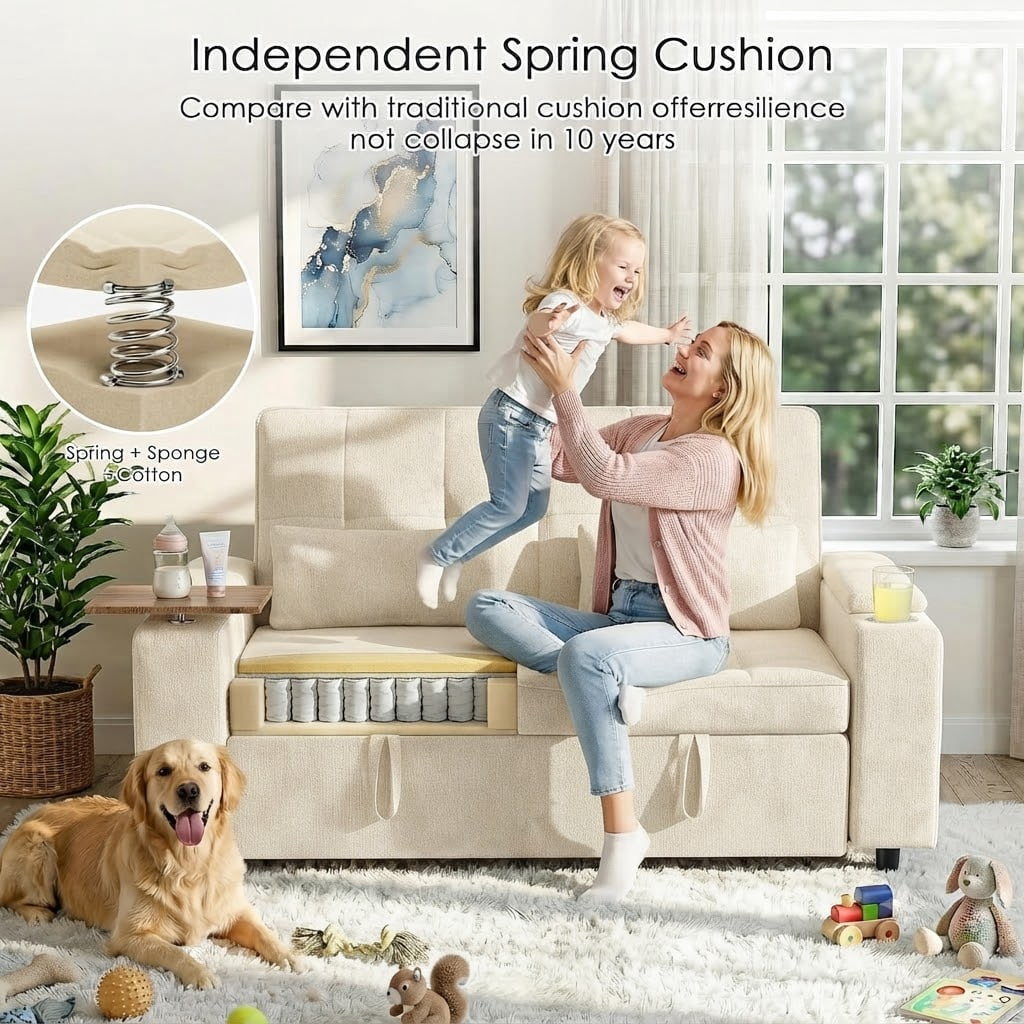 avobird 65" 3-in-1 Convertible Sofa Bed, Pull Out Loveseat with Chenille Fabric/Hidden storage space/Cup holder, Sleeper Sofa Bed for Living Room, Beige