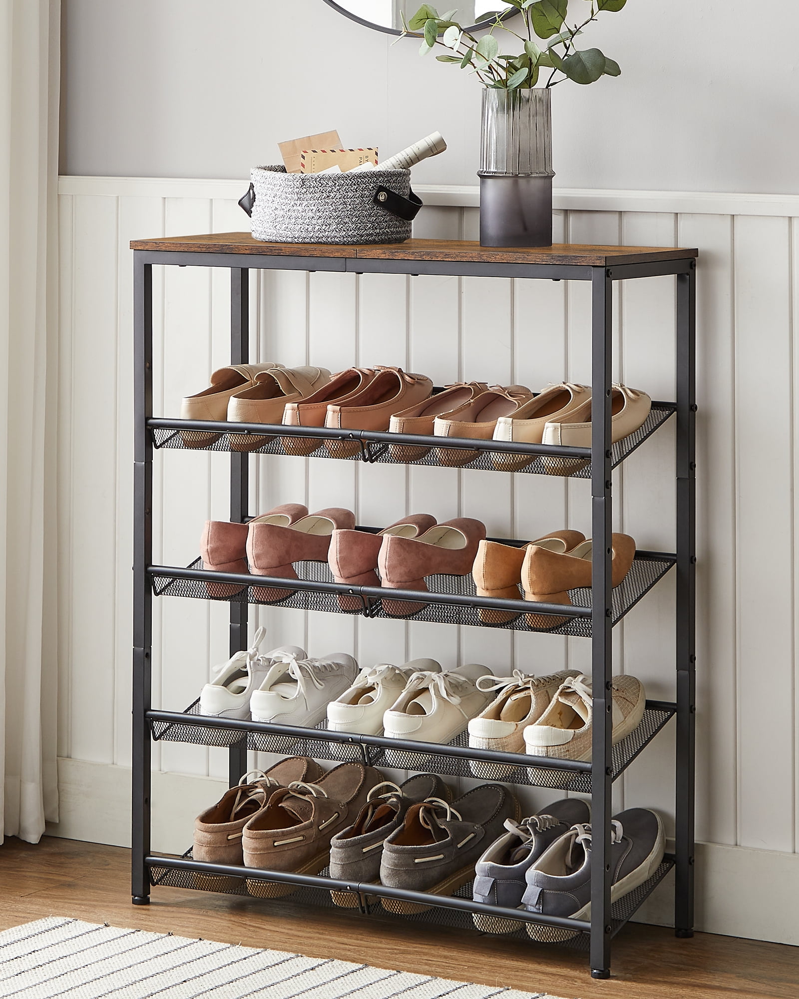 5 Tier Shoe Rack Organizer for Closet Entryway with Storage Shelves and Spacious Top Free Standing Steel Industrial Rustic Brown and Black
