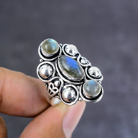Natural Labradorite Gemstone Handmade 925 Sterling Silver Ring Size 10