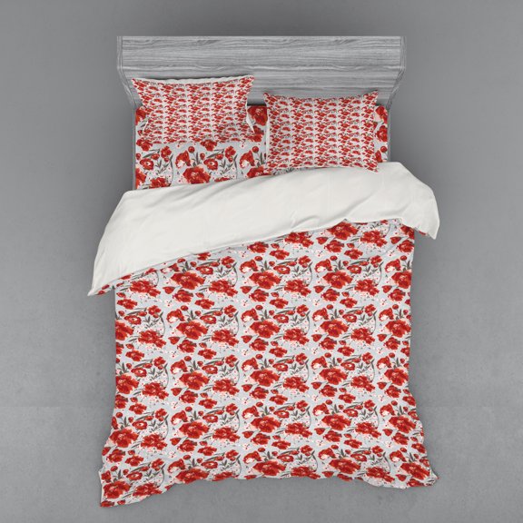 Ambesonne Floral Bedding Set 4 Pcs, Spring Petal Foliage, Queen, Pale Grey Orange Taupe