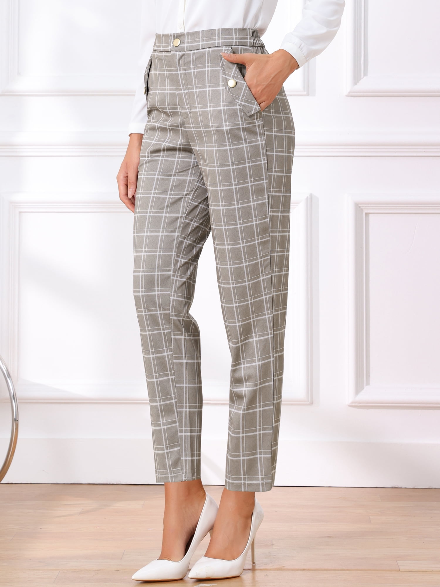 DARING DIVA Women's Tartan Plaid Pants Elastic Waist Straight Long Trousers M Tan
