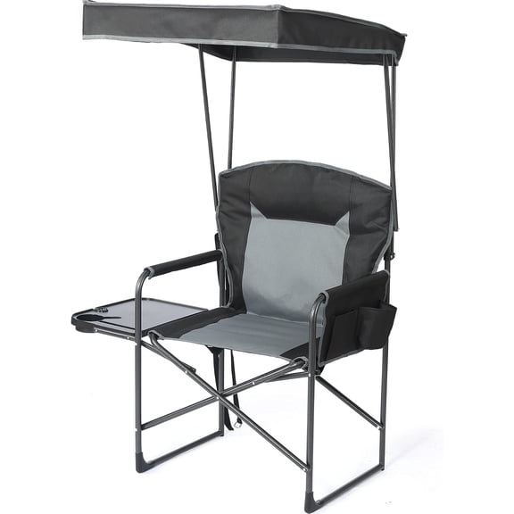 Oversized Camping Chair with Canopy, Foldable Director’s Chair with Side Table and Pockets, Heavy Duty Outdoor Folding Chair for Lawn, Beach, Picnic, Sports, Fishing