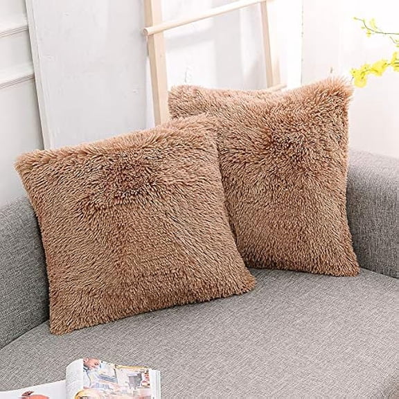 Eryueer Pack of 2 Faux Fur Cushion Covers 45 x 45 cm Luxury Fluffy Decorative Fuzzy Square Throw Pillow Case 18 x 18 for Sofa Decor, Khaki