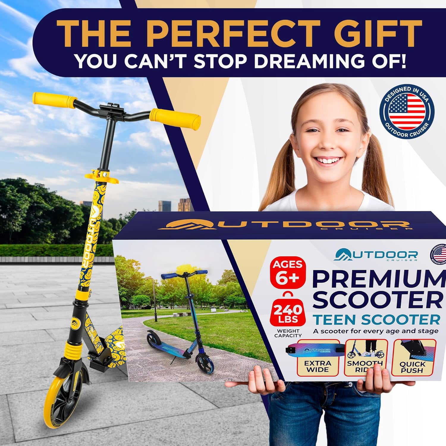 OutdoorCruiser Kick Scooter for Ages 6+, Kids, Teens & Adults, Foldable, Dual Suspension, 3-Level Adjustable Handlebar, Child Safety Approved, Yellow