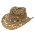thumbnail image 2 of Woven Hollow Out Cowboy Hat for Women and Men, Western Style Wide Brim Sun Hat, Breathable Straw Beach Hat for Garden Party, Summer Festival, and Casual Outfits Khaki, 2 of 3