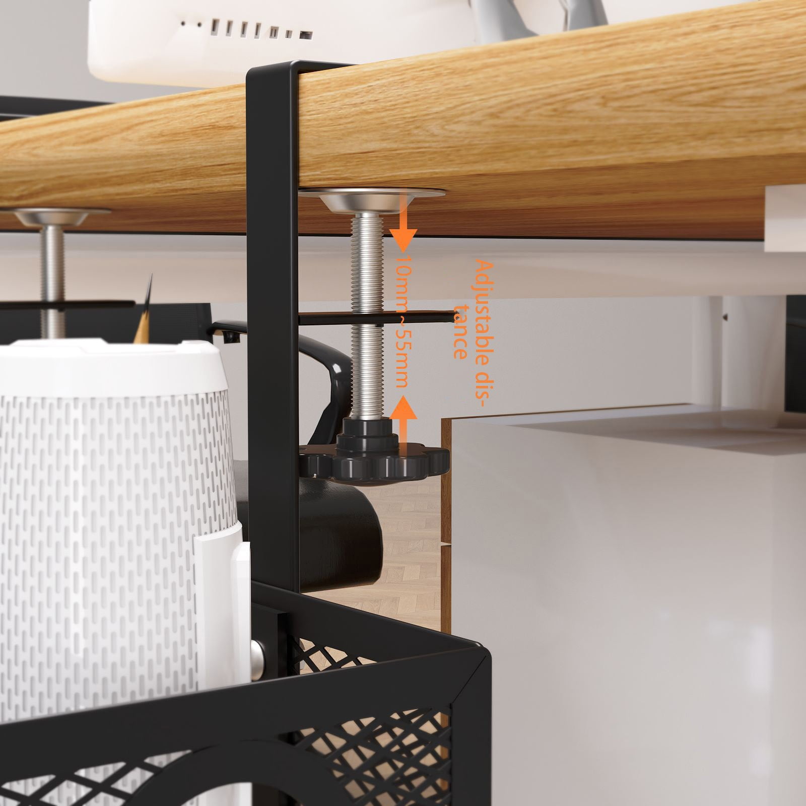 JingChun Under Desk Storage Organizer Clamp-On, Mesh Metal Desk side storage - Use on desk, under table or as a hanging wall organizer for office supplies & home& school essentials