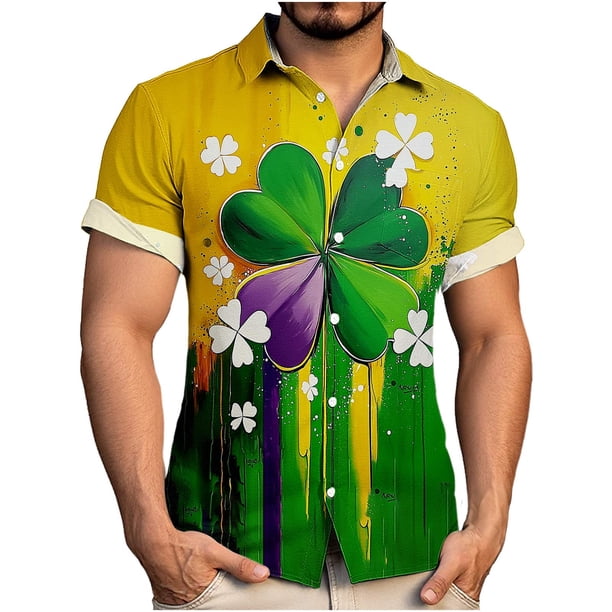 Ceisia Men's St. Patrick's Day Short Sleeve Shirt Clover Print Regular Straight Fit Green Turn-Down Collar Spring Summer Shirt Gift
