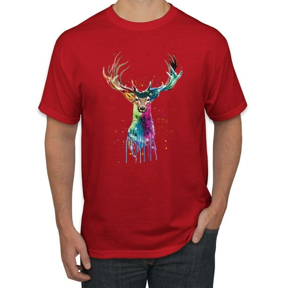 Wild Bobby, Colorful Paint Splatter Deer Head, Animal Lover, Men's Graphic Tees, Red, Small