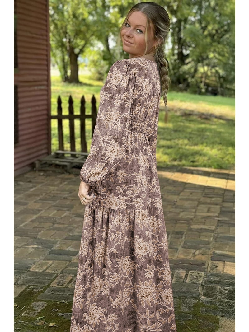 ZhiHiMeRi Women's Brown Floral Print Smocked Maxi Dress Bohemian Style for Spring & Summer, S, Size: Small