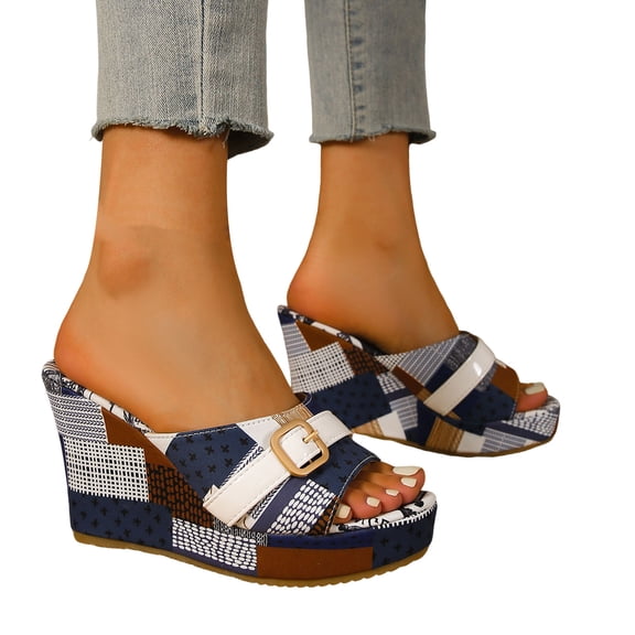 Rokment Womens Platform Wedge Dress Sandals 2026 Summer Fashionable Ripped Denim Leather Patchwork Buckles Casual Chunky High Heels Slip on for Ladies Woman Blue Size 6