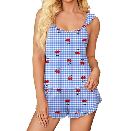 Jaimenalin Women S Pajama Sets Ruffle Top and Shorts 2 Piece Lounge Set Sleepwear Comfy Cute Pajama Cherry Blue M