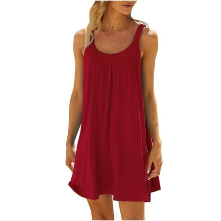 Tuosodrolic Beach Dresses for Women Sleeveless Boho Sundress Crew Neck Bikini Beachwear Loose Casual Dresses Solid Tank Dress