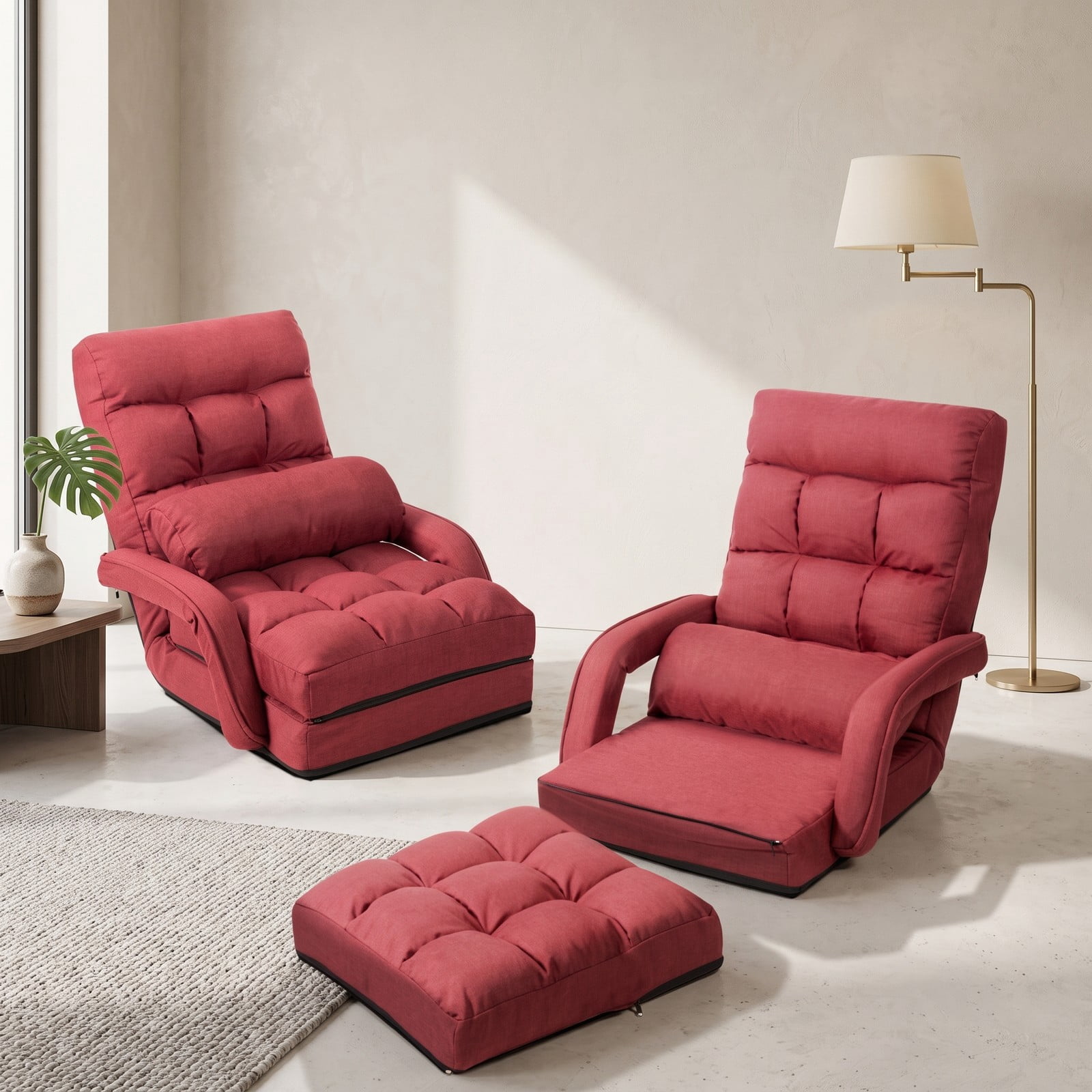 Furnibear Folding Lazy Floor Chair Sofa with Armrests and Lumbar Pillow, 6-Position Adjustable Padded Gaming Meditation Recliner for Living Room Bedroom, Red