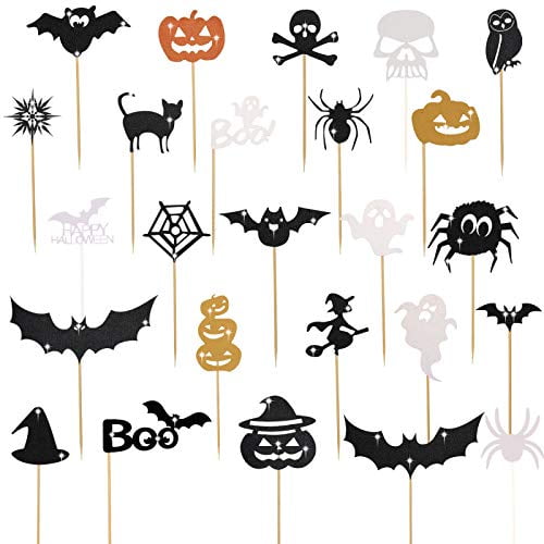 75 Pcs Halloween Cupcake Topper Picks Pumpkin Bat Spider Web Skull White Ghost Cupcake Decorations for Halloween Birthday Party Favor Supplies