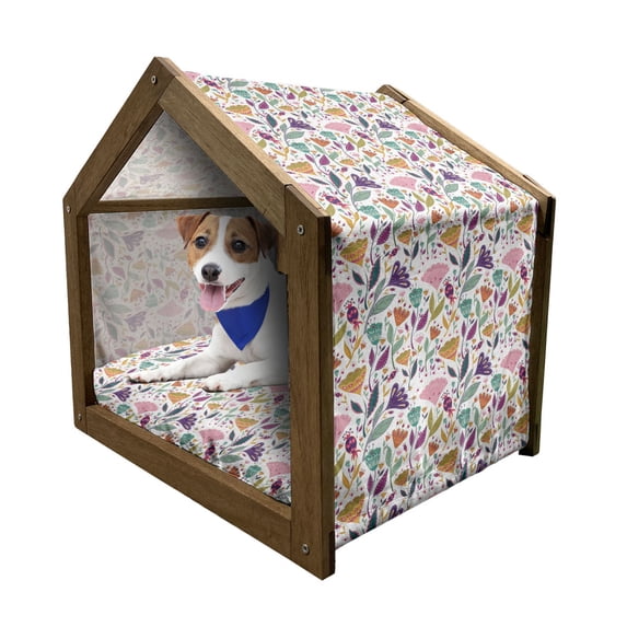 Floral Pet House, Ornamental Botanical Flower Blossom Petals Leaves Mother Nature Girlish Pattern, Outdoor & Indoor Portable Dog Kennel with Pillow and Cover, 5 Sizes, Multicolor, by Ambesonne