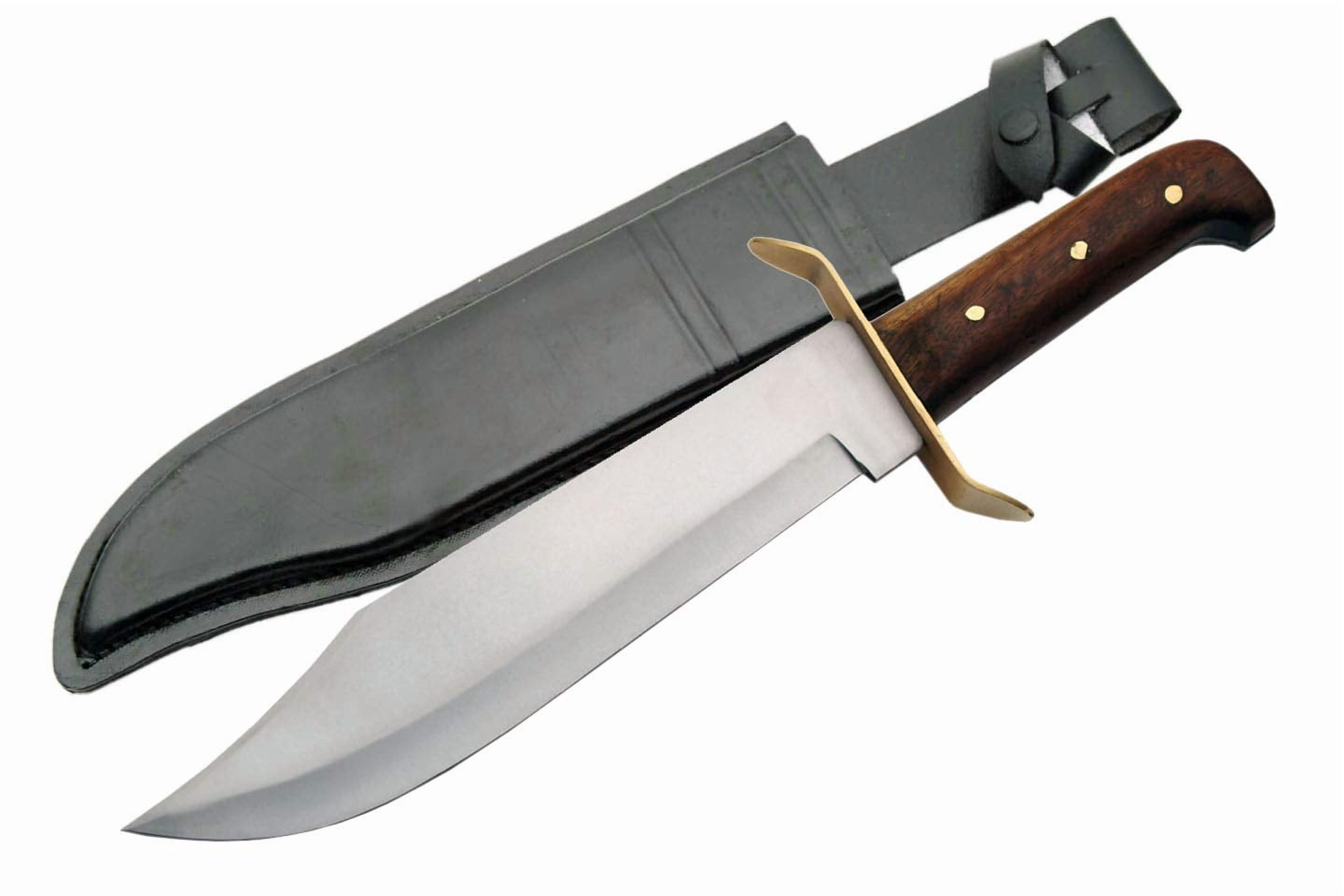 SZCO Supplies 15” Full Tang Bowie Style Fixed Blade Knife with Stainless Steel Blade, Wooden Handle, Brass Guard, and Leather Sheath