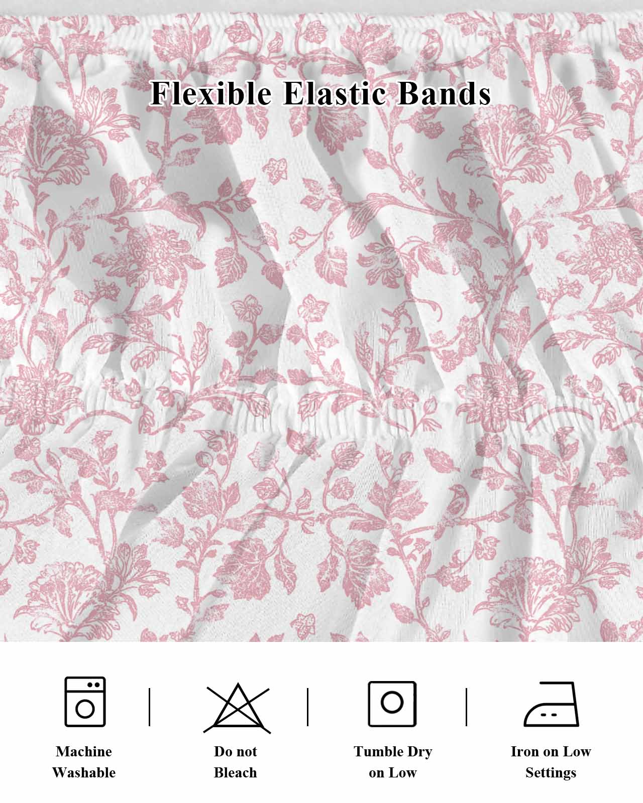 Light Pink Floral Paisley Bed Skirt Queen Size 16" Drop Boho Leaf Vintage Farmhouse Linen Ruffled Wrap Around Bed Skirts Adjustable Elastic Bedskirt Dust Ruffle for Queen Size Bed