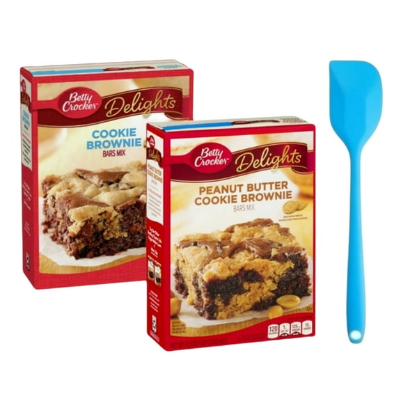 Betty Crocker Delights Cookie Brownie Bar Mix 17.4 oz, Peanut Butter Cookie Brownie Bar Mix, 17.2 oz and 8in Silicone Spatula (Color Varies)