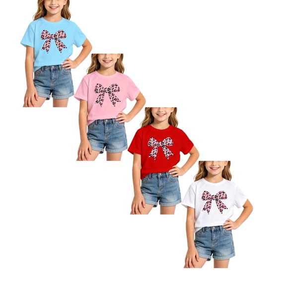 XEGLSBU 4 Pack Girls T Shirts Summer Short Sleeve Bow Printed Casual Tee for Kids Everyday Wear Size 4-6 Years