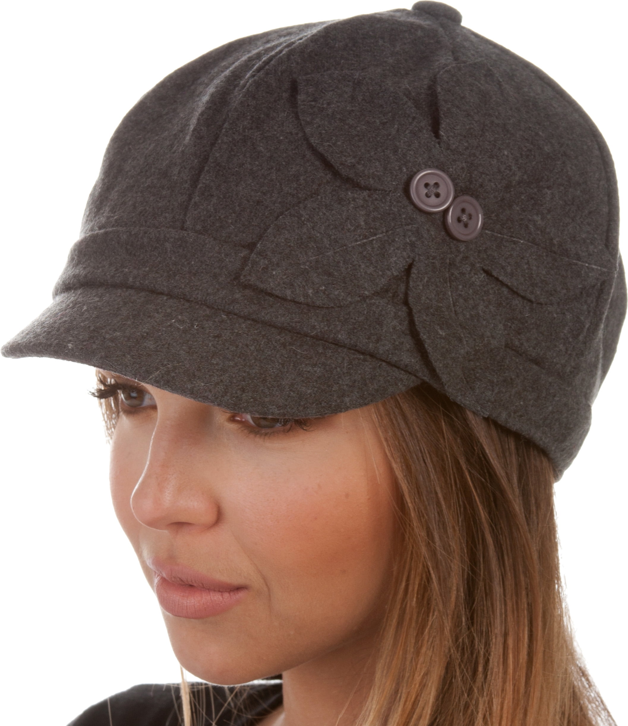 Sasha Wool Newsboy Cabbie Hat with Button Flower - Charcoal - One Size ...