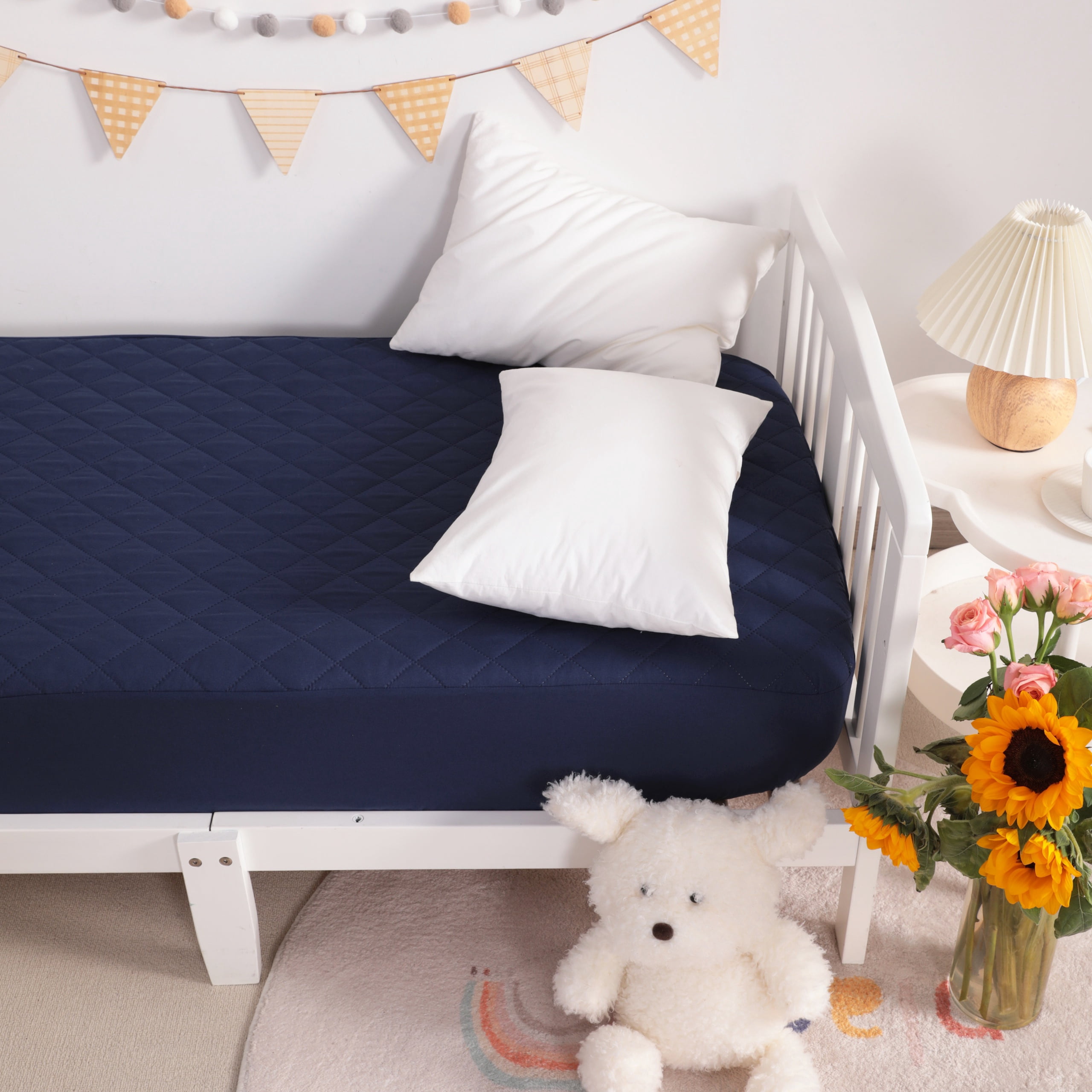 Super Soft and Quilted Toddler Waterproof Fitted Sheets Set of 2, Machine Washable Crib Mattress Protectors with Deep Pocket, Toddler-Mini, 24 x 38 Inches, Navy Blue