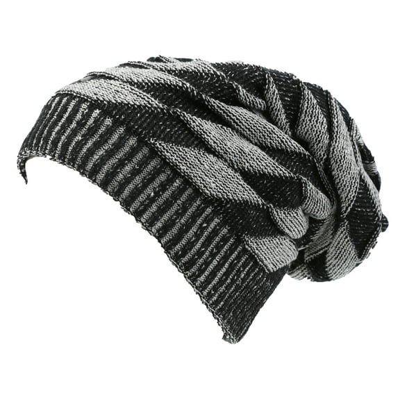 Sakkas Zaye Long Tall Slouchy Diamond Patterned Knit Faux Fur Lined Beanie Hat - Black / White - OS