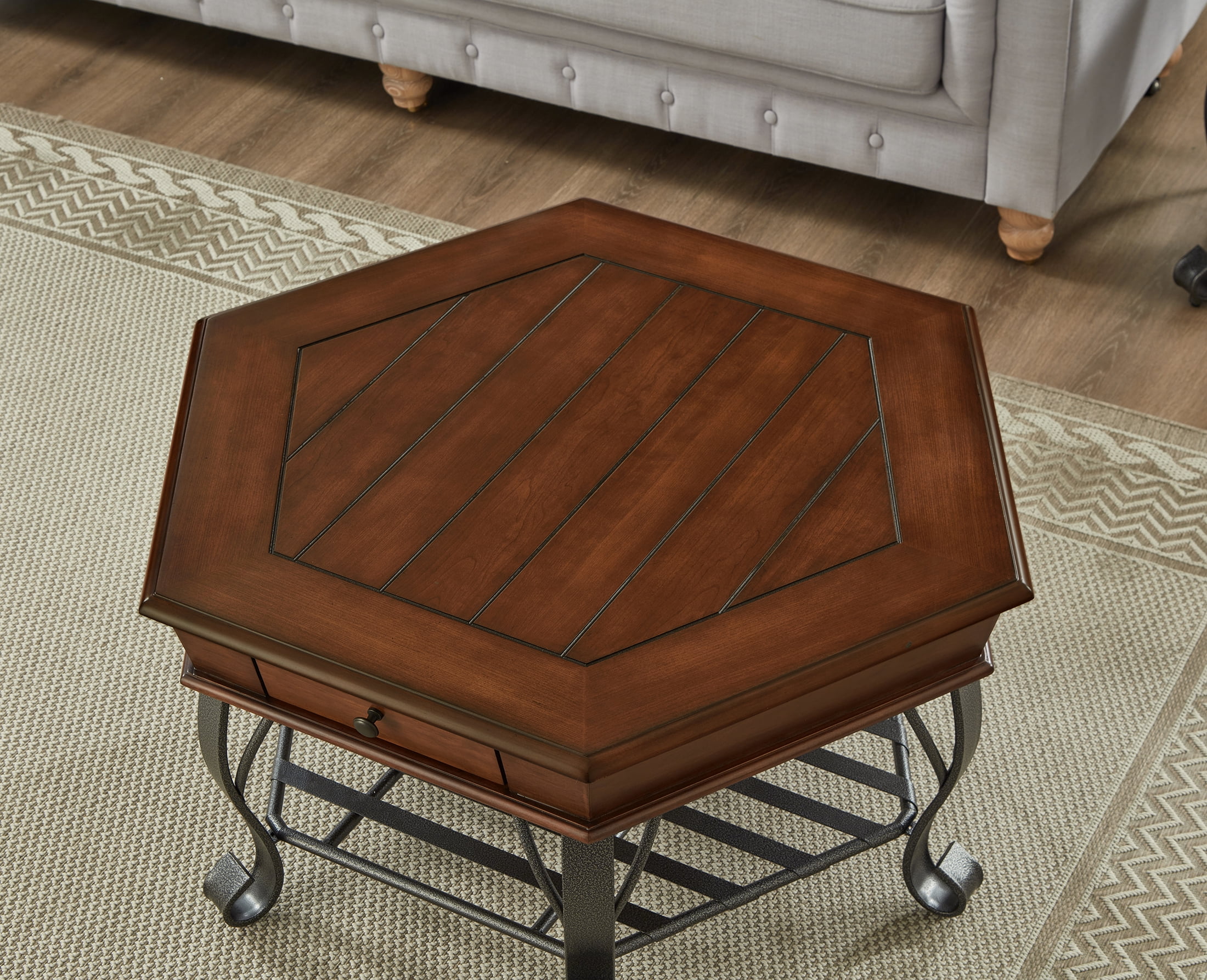 40" Wood Coffee Table, Vintage, Hexagonal, Solid Wood Top, with Drawer Storage, Walnut