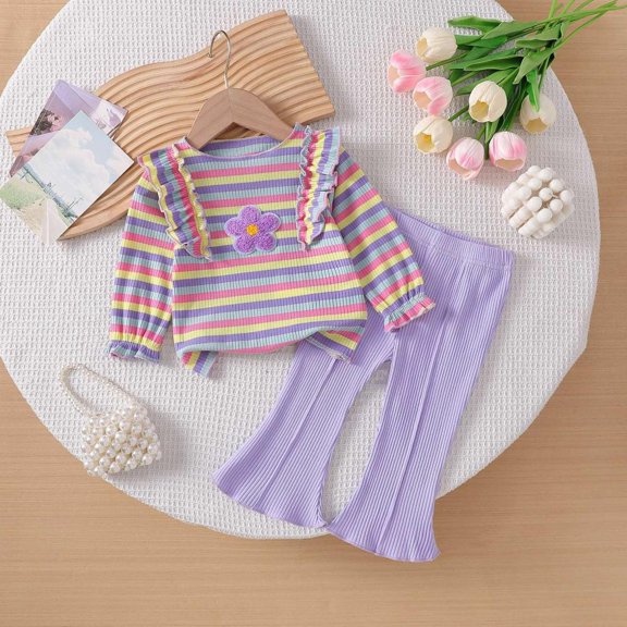 Bxsruta Toddler Girls Long Sleeve Striped Ruffle Tops Flare Pants Outfit Casual Sets