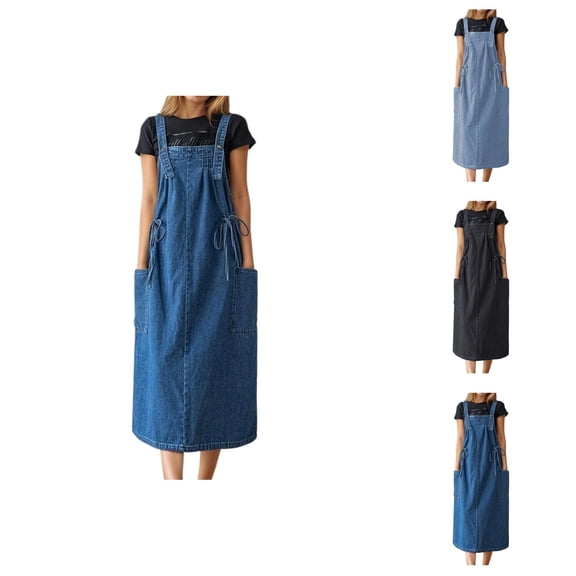 Denim Overall Dress for Women Summer Loose Casual Adjustable Strap Waist Drawstring Midi Jean Dress with Pockets