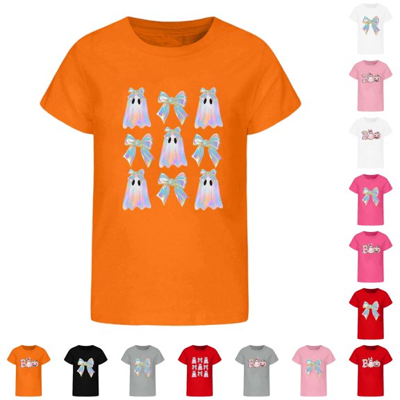 CUZIBR Boys Girls Toddler Shirts Stylish Halloween Pumpkin Ghost Funny Graphic Tee Tops Short Sleeve Crewneck Loose Fit Relaxed Shirt Fashionable Casual Base Layer Shirts For Kids,Orange-c,4-5 Years